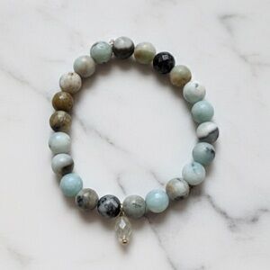 Chunky Faceted Aventurine Beaded Stretchy Bracelet w/ Quartz Charm